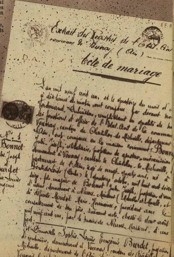 L’acte du mariage de Jules Bonnot et Sophie Burdet, le 14 août 1901.