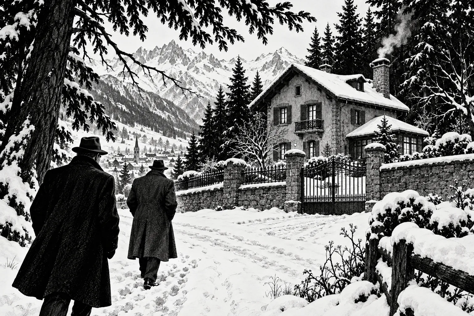 Illustration de polar : deux silhouettes approchent d’une villa sous la neige