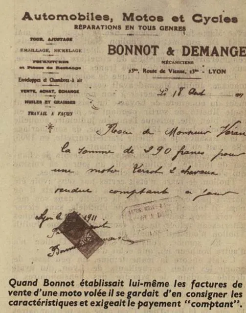 Une facture du garage Bonnot et Demange à Lyon.