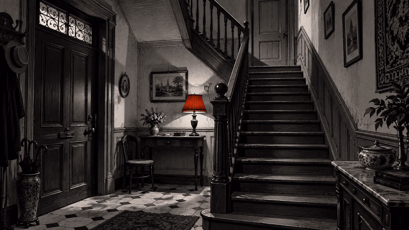 Dessin noir et blanc d’un escalier et d’une porte fermée, avec un petit abat-jour rouge.