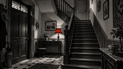 Dessin noir et blanc d’un escalier et d’une porte fermée, avec un petit abat-jour rouge.