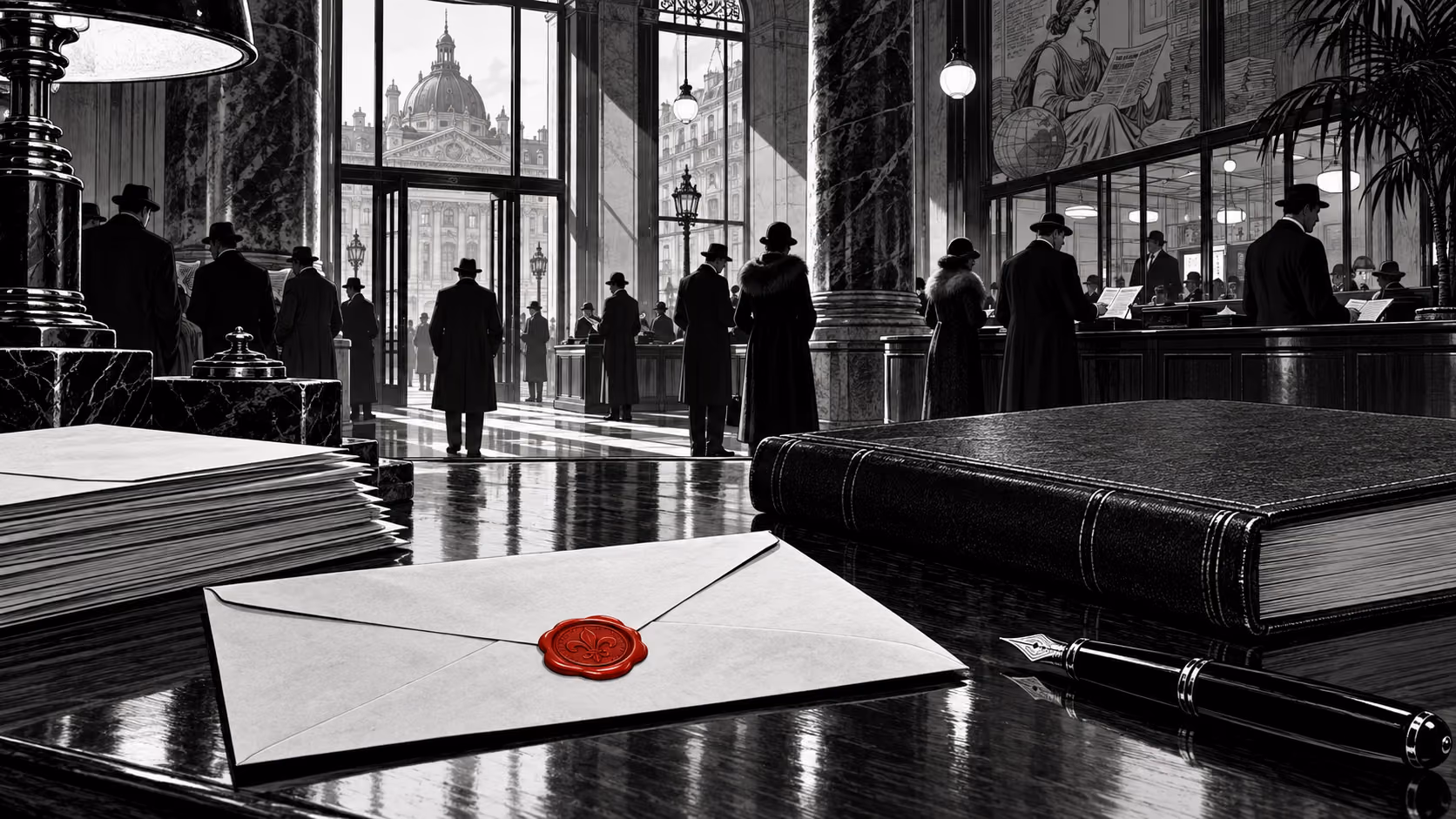 Dessin noir et blanc d’un hall financier et d’un registre, avec un cachet de cire rouge.