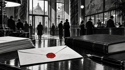Dessin noir et blanc d’un hall financier et d’un registre, avec un cachet de cire rouge.