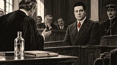 Dessin à l’encre de Bargeot dans le box, face à son avocat et aux jurés ; une bouteille figure au premier plan.