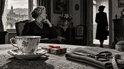 Dessin de polar : une tasse de thé, un ouvrage de couture et deux femmes dans un intérieur des années 1930 ; un petit ruban rouge sur un paquet.