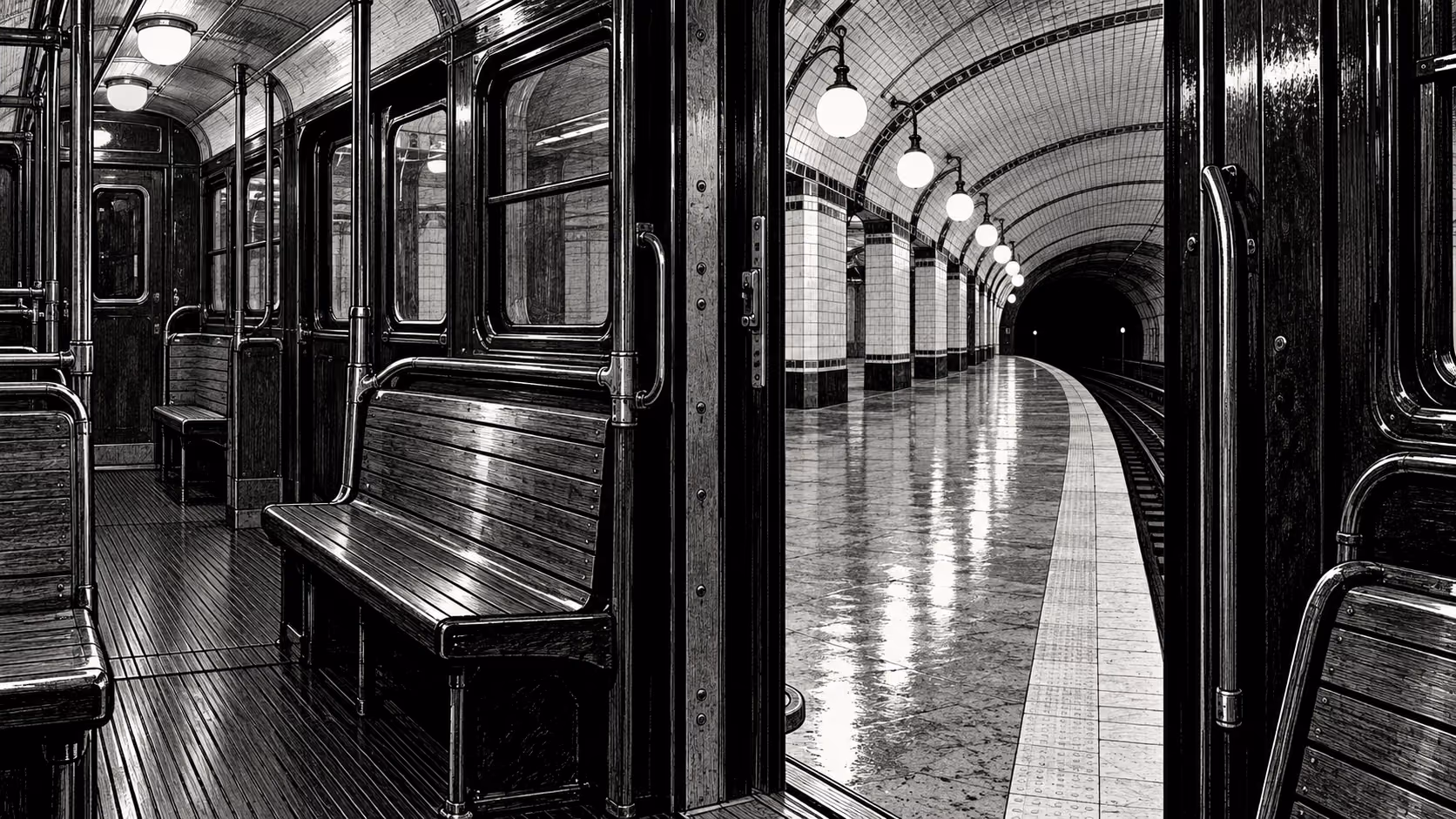 Dessin en noir et blanc d’une voiture de métro parisien des années 1930