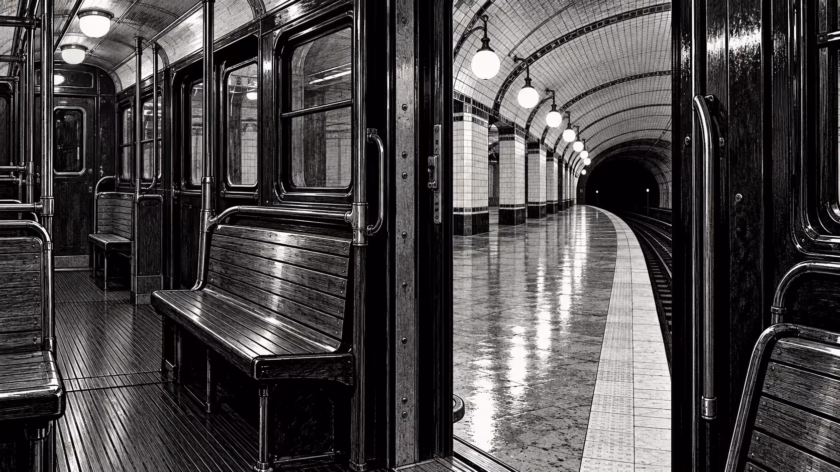 Dessin en noir et blanc d’une voiture de métro parisien des années 1930