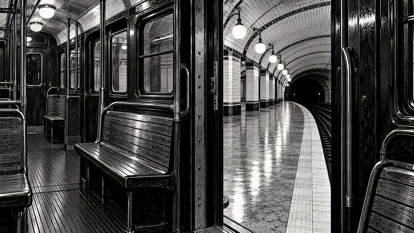Dessin en noir et blanc d’une voiture de métro parisien des années 1930