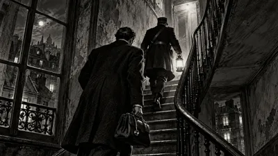 Dessin de polar : un médecin et un agent montent un escalier parisien avec une lampe