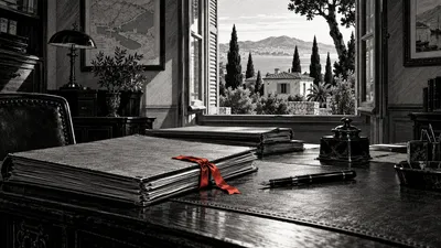 Dessin de polar en noir et blanc : dossiers sur un bureau, un ruban rouge et une villa au loin.