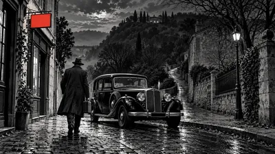 Dessin noir et blanc : une automobile des années 1930, une silhouette et une petite enseigne rouge.
