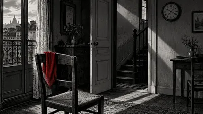 Dessin noir et blanc d’un intérieur parisien, avec une étoffe rouge sur une chaise.