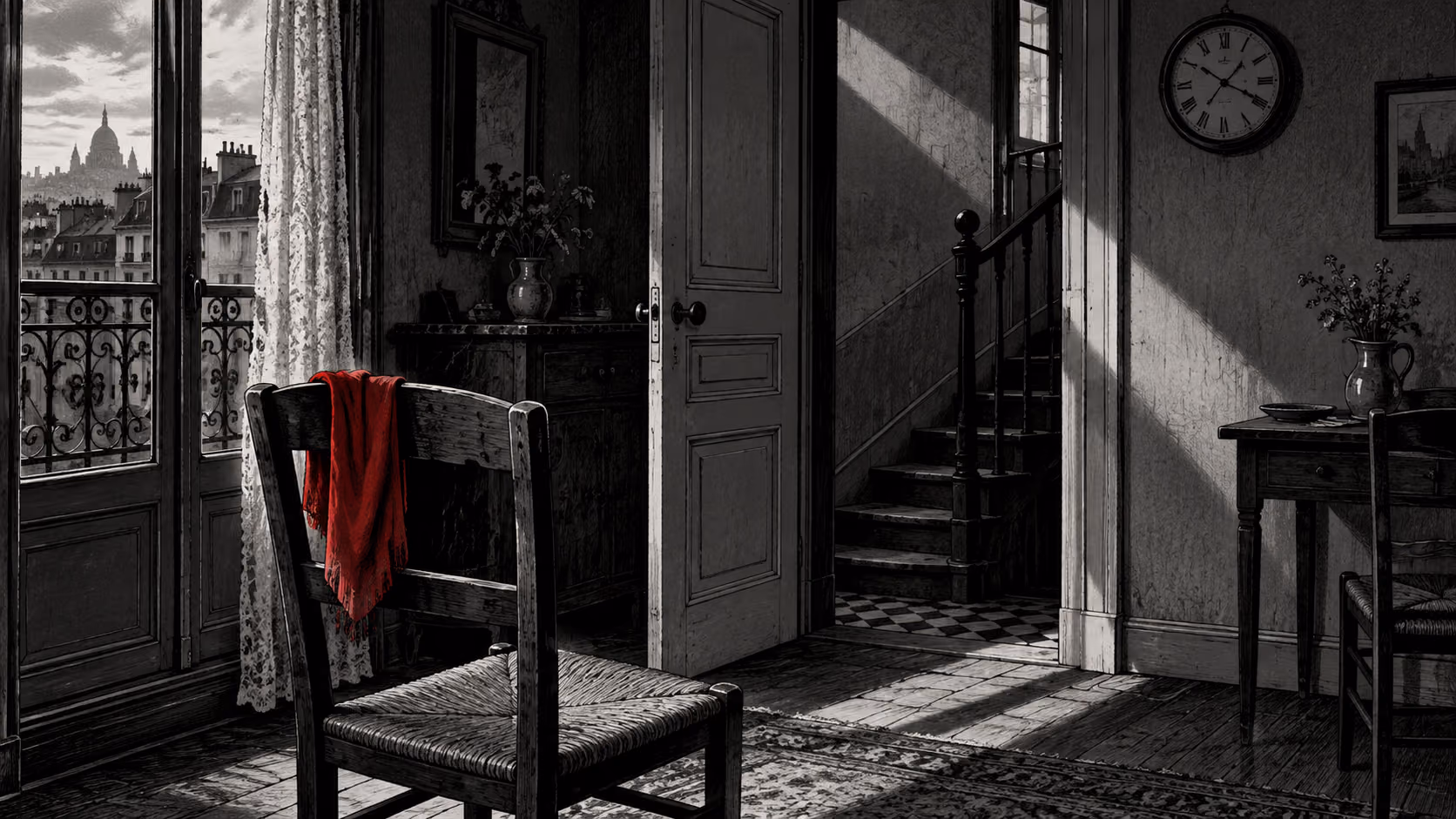Dessin noir et blanc d’un intérieur parisien, avec une étoffe rouge sur une chaise.