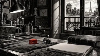Dessin noir et blanc d’un atelier de joaillier avec un petit écrin rouge fermé.