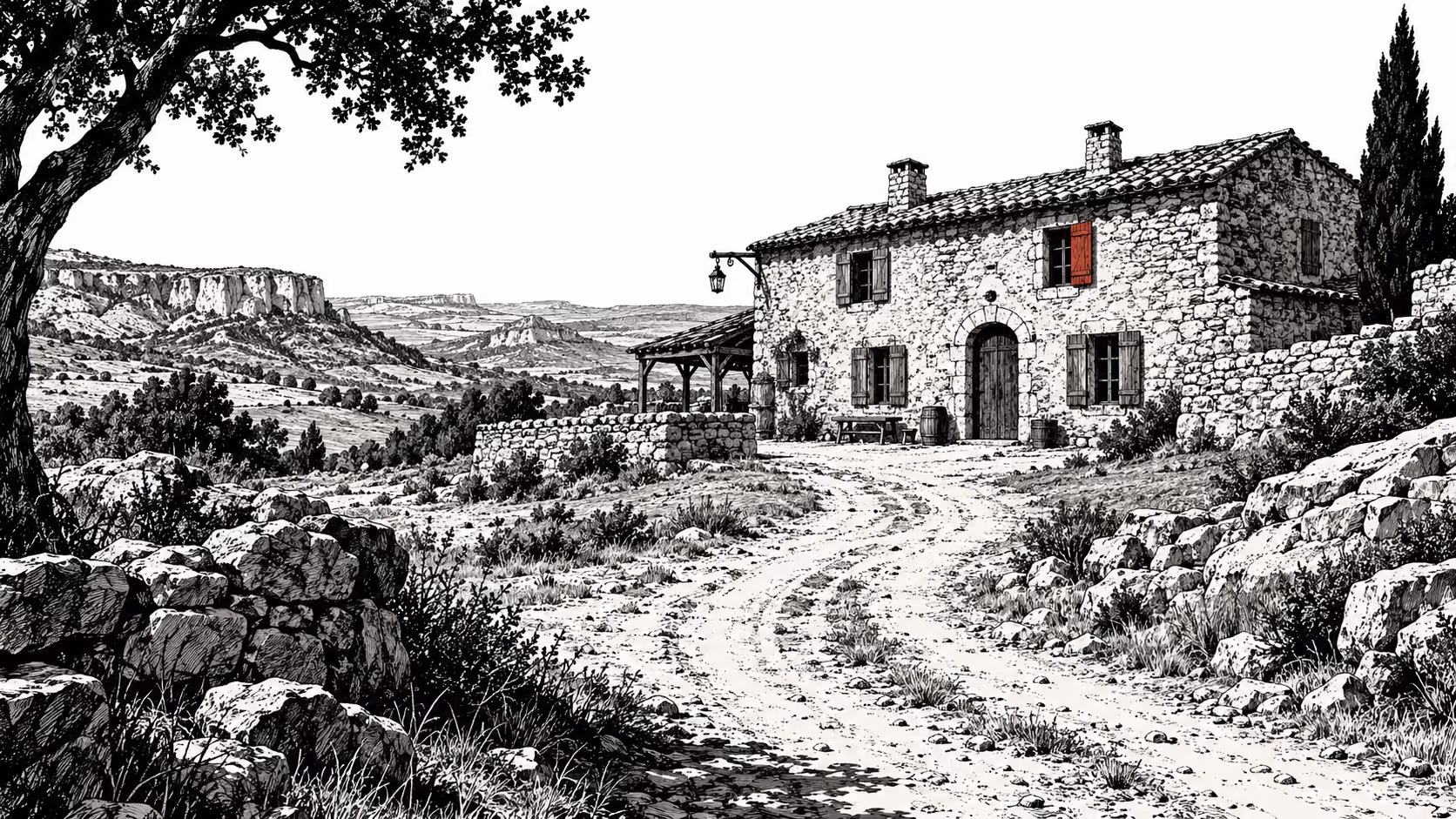 Dessin d’une auberge de pierre et d’un chemin sur un plateau.
