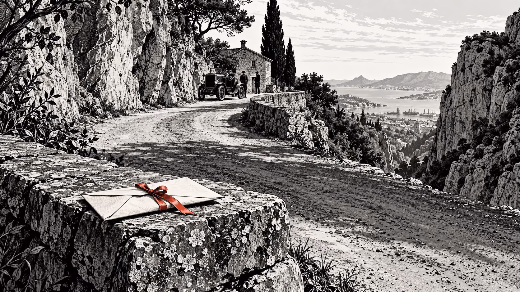 Dessin d’une route dans des gorges calcaires avec une automobile ancienne.
