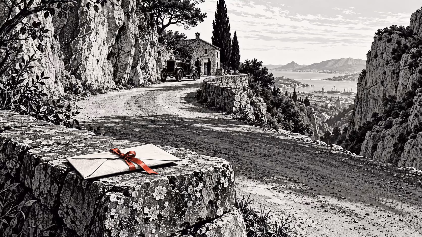 Dessin d’une route dans des gorges calcaires avec une automobile ancienne.