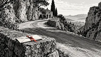 Dessin d’une route dans des gorges calcaires avec une automobile ancienne.