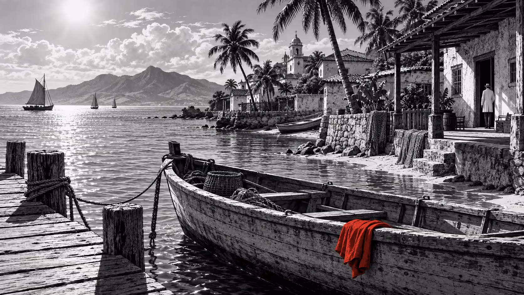 Dessin noir et blanc d’une embarcation près d’une côte, avec une petite étoffe rouge.