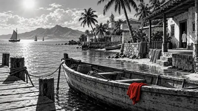 Dessin noir et blanc d’une embarcation près d’une côte, avec une petite étoffe rouge.