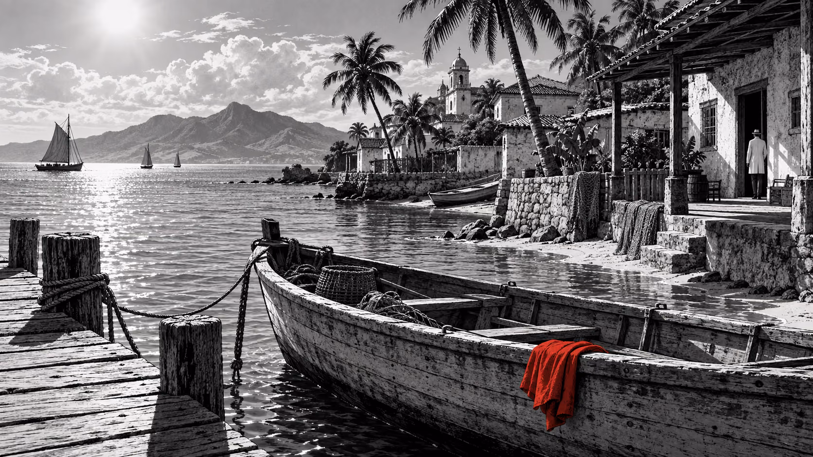 Dessin noir et blanc d’une embarcation près d’une côte, avec une petite étoffe rouge.