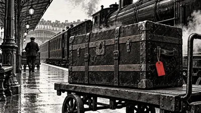 Dessin à l’encre d’une malle fermée sur un chariot de gare, avec une étiquette rouge.