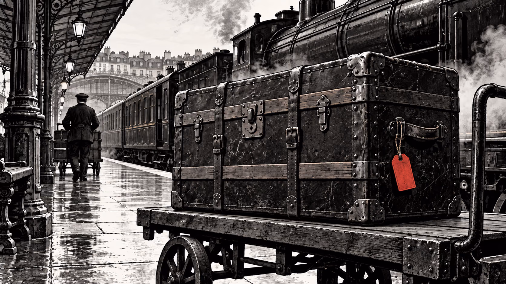 Dessin à l’encre d’une malle fermée sur un chariot de gare, avec une étiquette rouge.