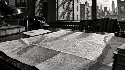 Dessin noir et blanc d’une carte et d’un bureau d’enquête, avec une seule punaise rouge.