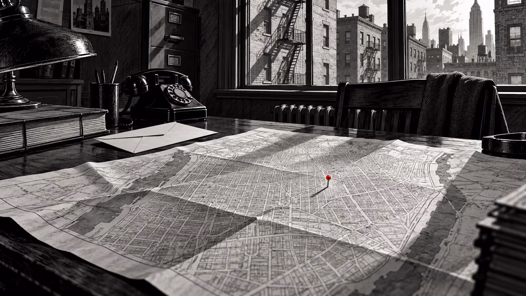 Dessin noir et blanc d’une carte et d’un bureau d’enquête, avec une seule punaise rouge.