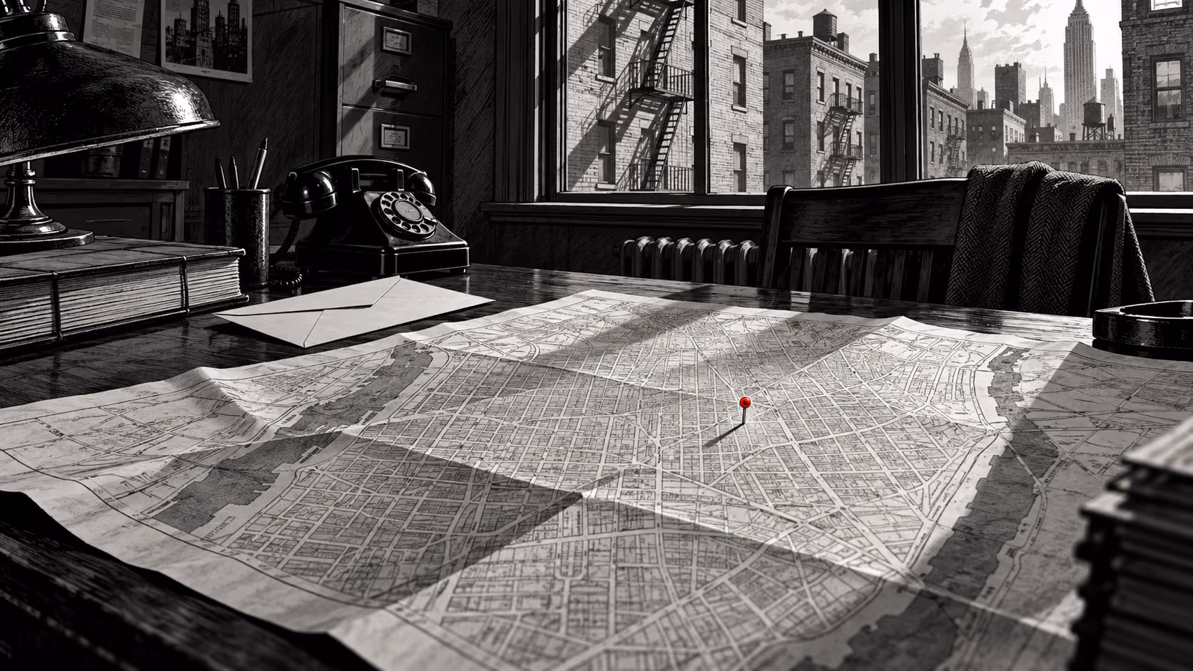 Dessin noir et blanc d’une carte et d’un bureau d’enquête, avec une seule punaise rouge.