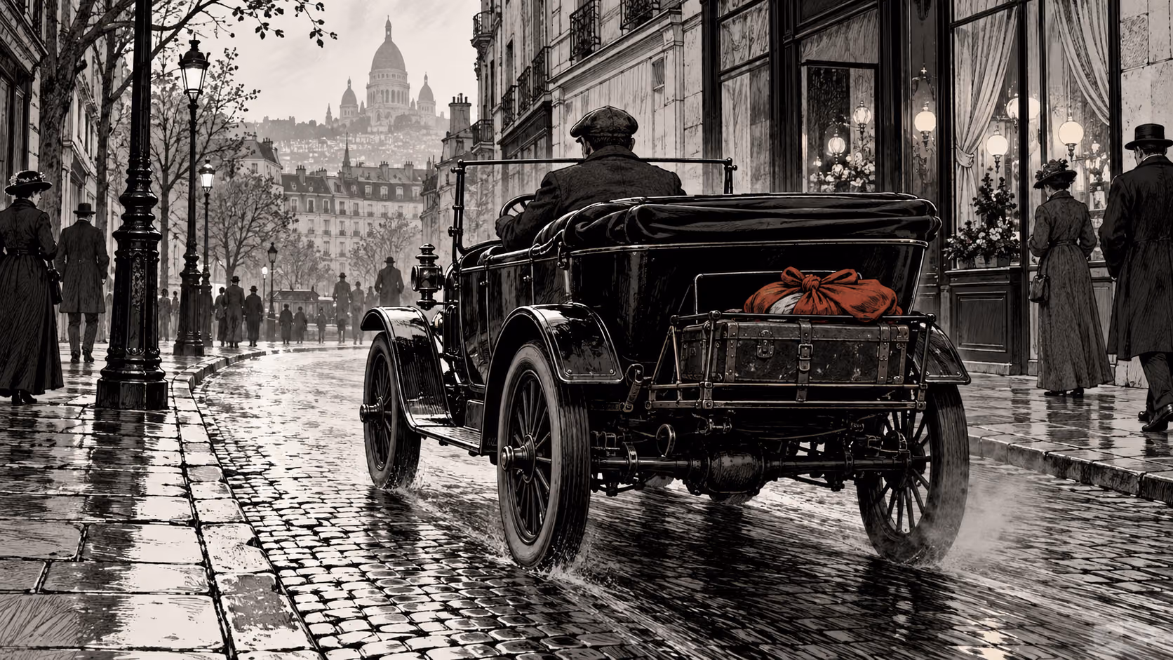 Dessin à l’encre d’une automobile ancienne dans une rue parisienne, avec un petit baluchon rouge.