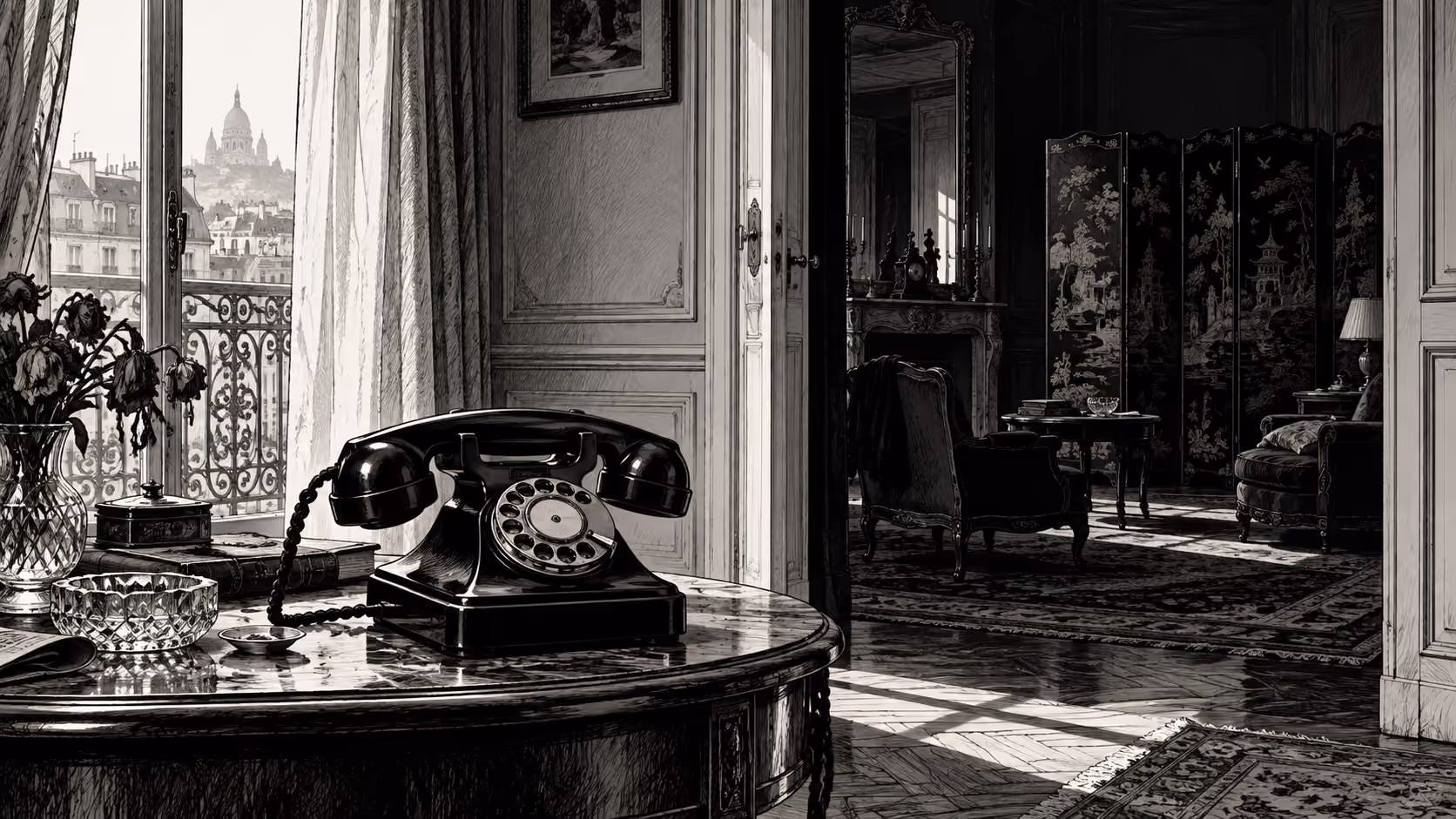 Dessin de polar : téléphone dans un appartement parisien à l’aube