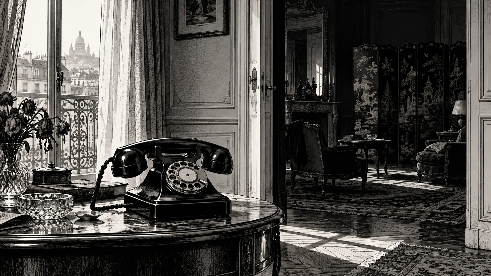 Dessin de polar : téléphone dans un appartement parisien à l’aube