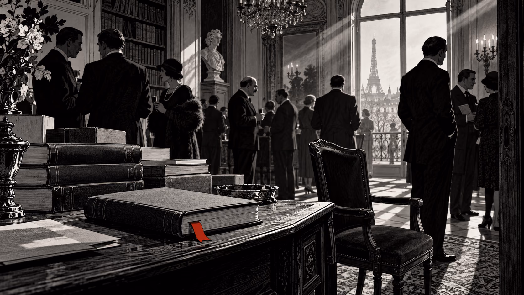Dessin noir et blanc d’un salon littéraire des années 1930, avec un marque-page rouge.