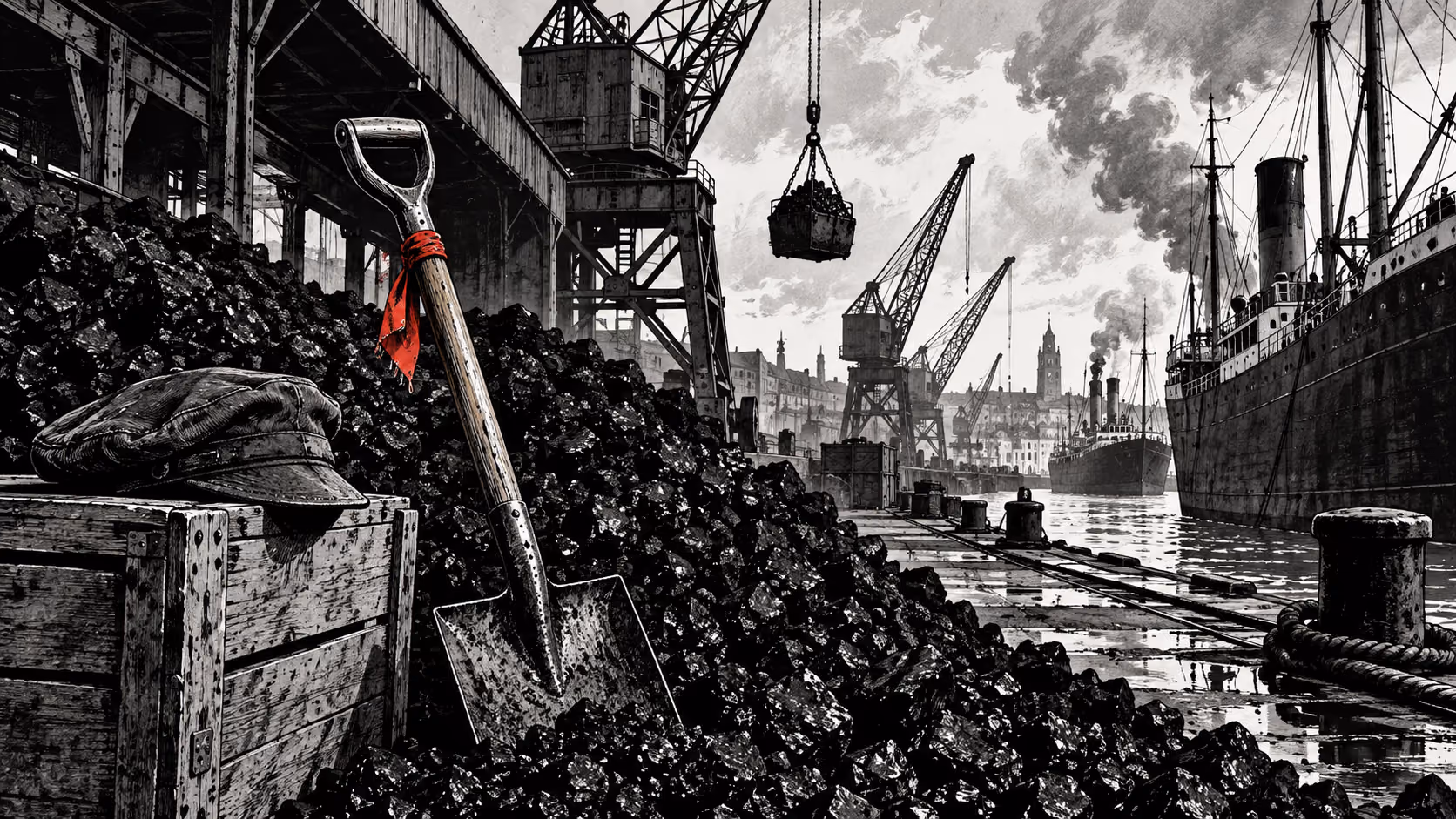 Dessin d’un quai de charbon, de grues anciennes et d’une pelle.