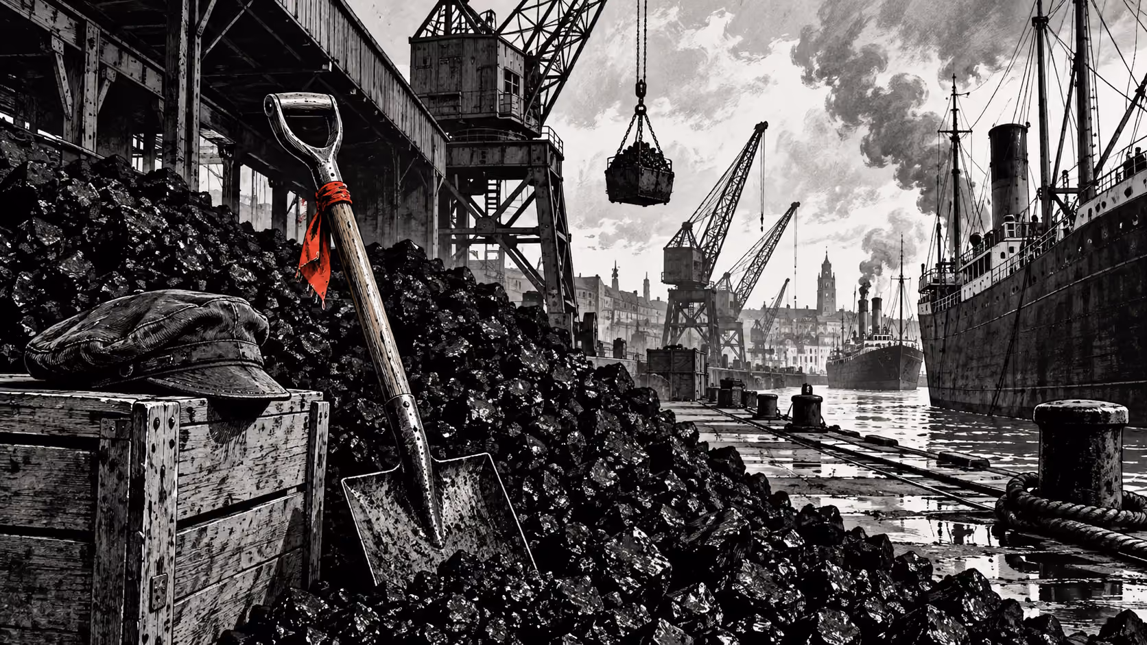 Dessin d’un quai de charbon, de grues anciennes et d’une pelle.