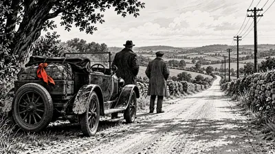 Dessin noir et blanc d’une automobile sur une route de campagne, deux hommes de dos et un petit tissu rouge.