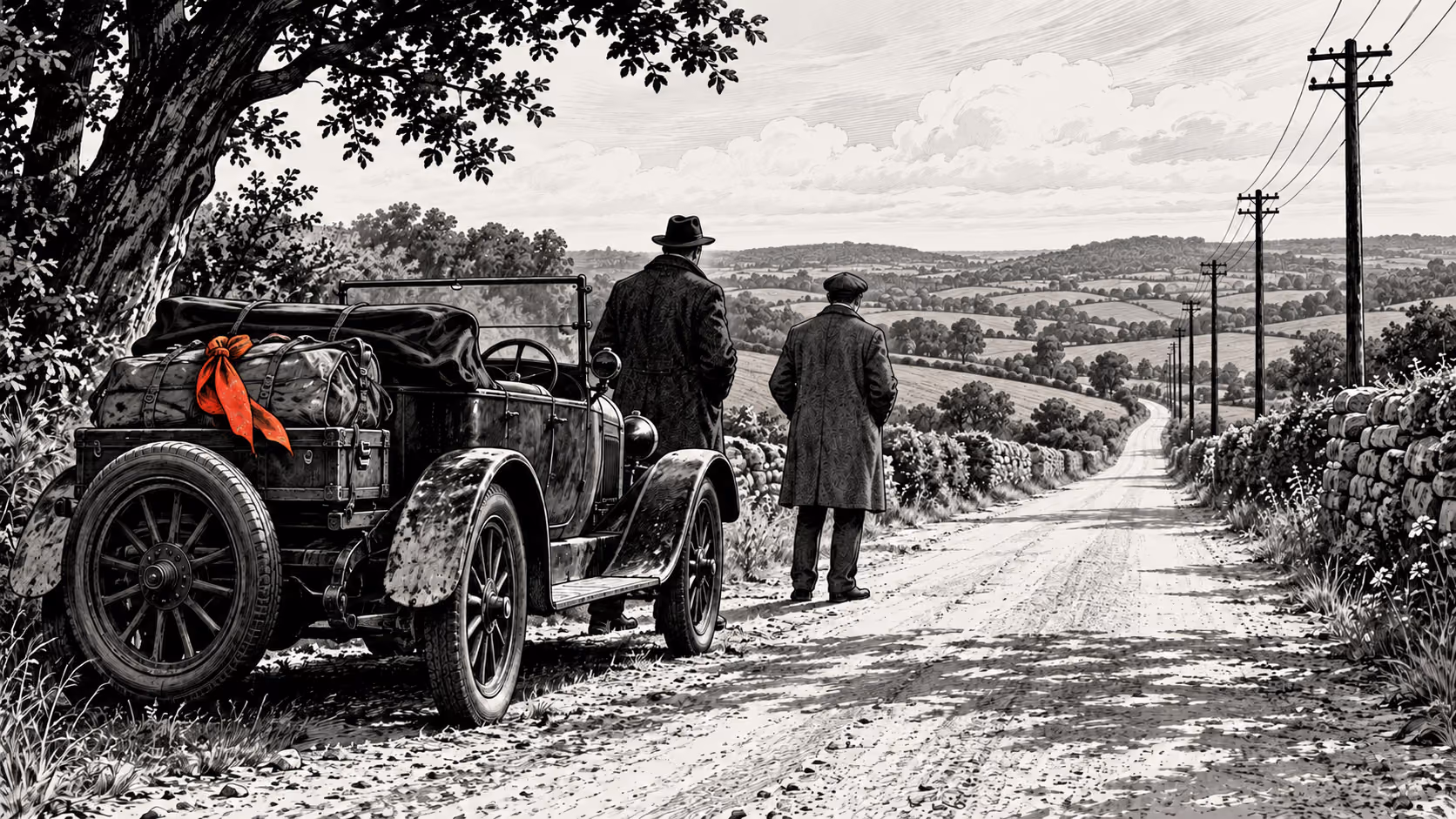 Dessin noir et blanc d’une automobile sur une route de campagne, deux hommes de dos et un petit tissu rouge.
