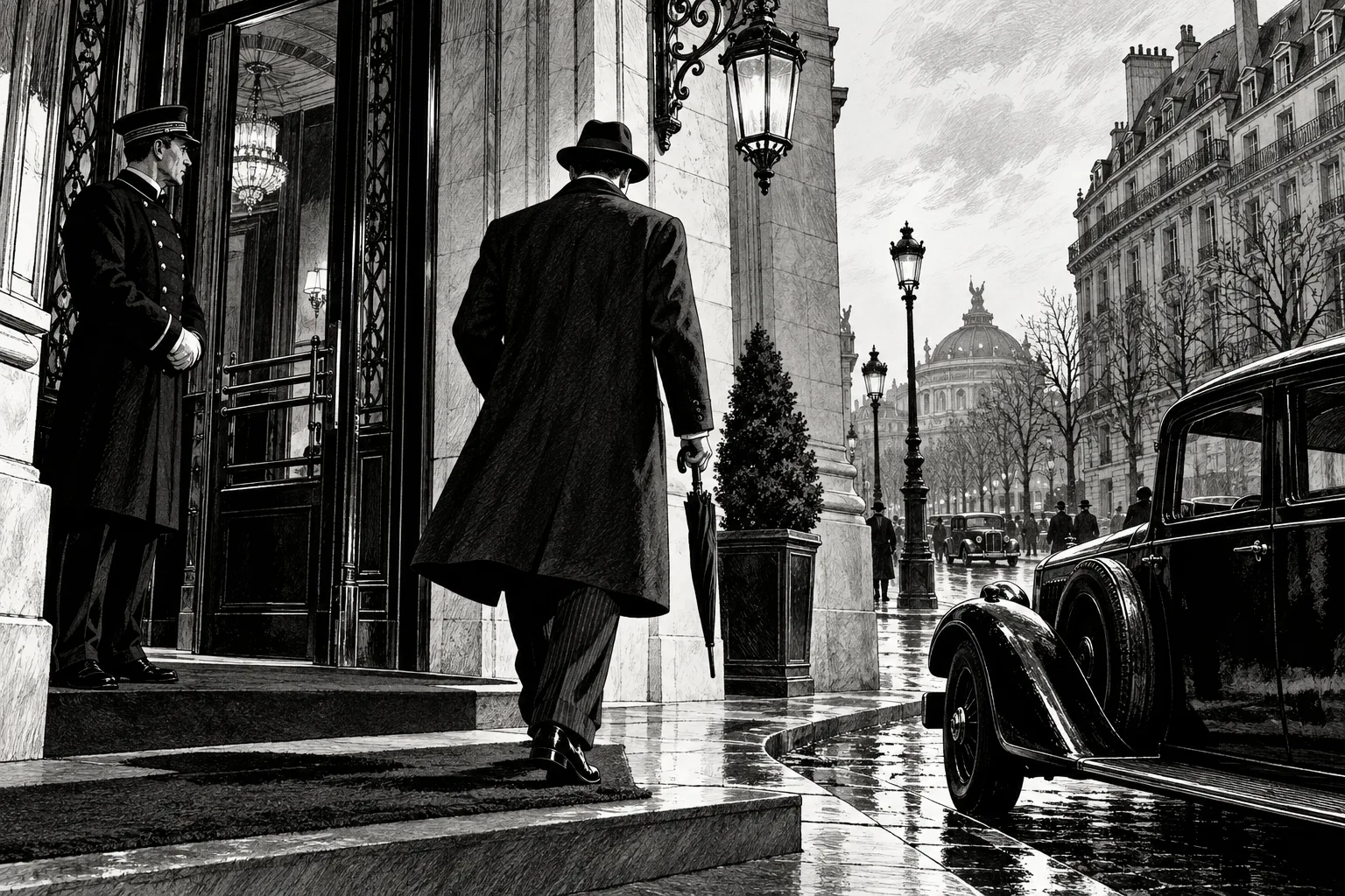 Illustration de polar en noir et blanc : un homme quitte un hôtel parisien