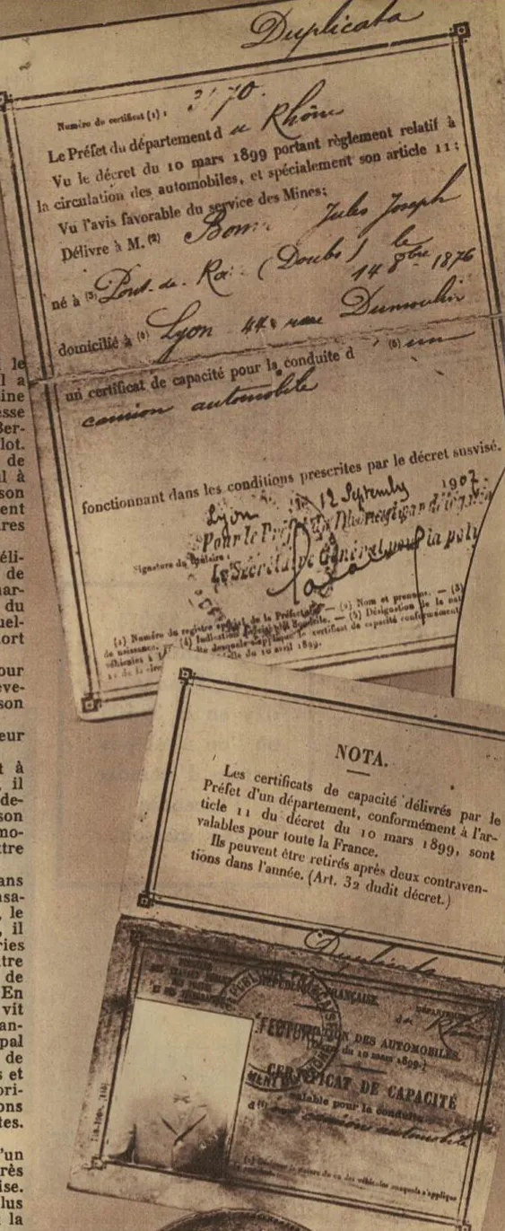 Le permis de conduire de Bonnot, document de son activité de mécanicien et chauffeur.