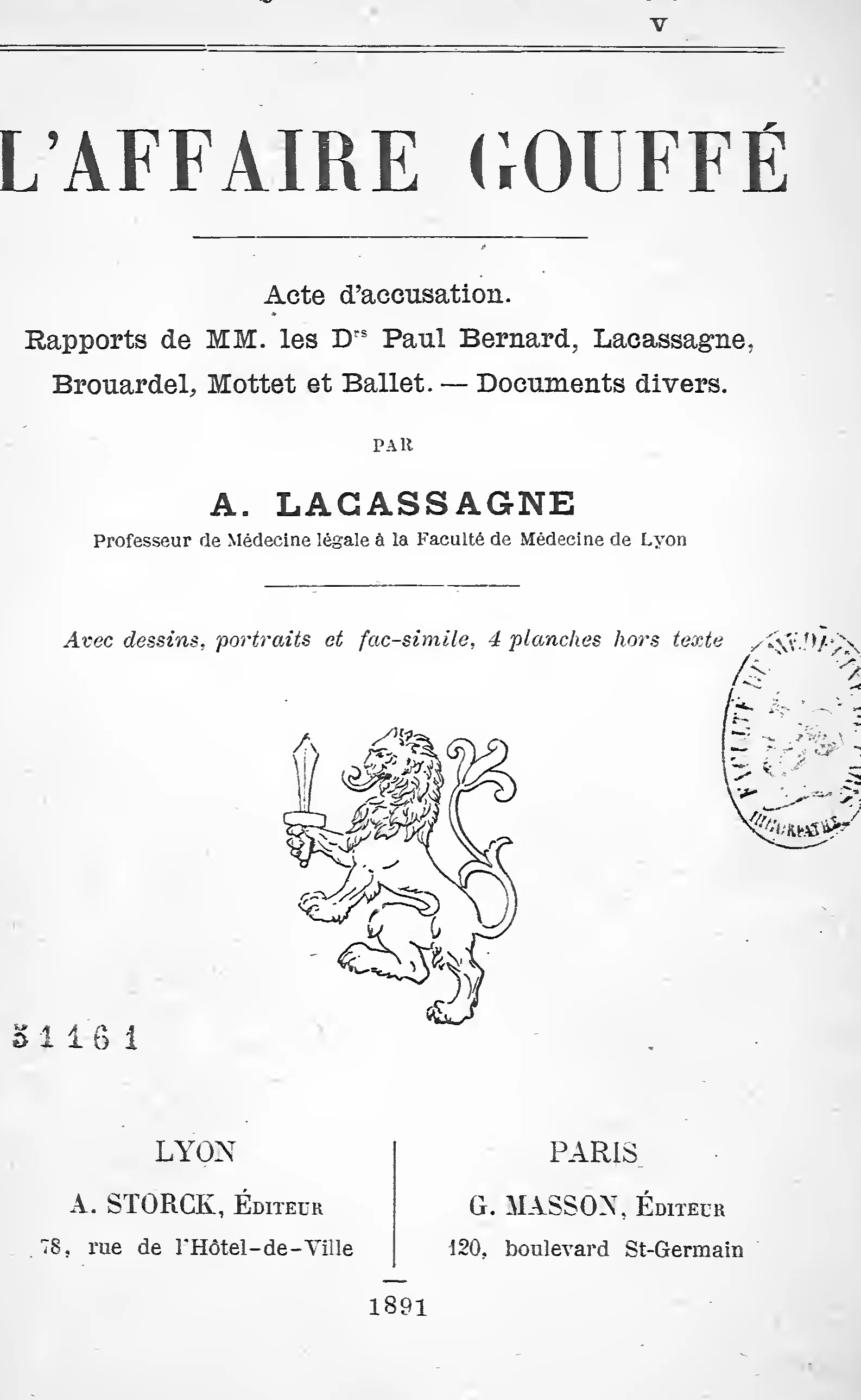 La page de titre du recueil de 1891, réunissant l’acte d’accusation et les rapports médicaux.