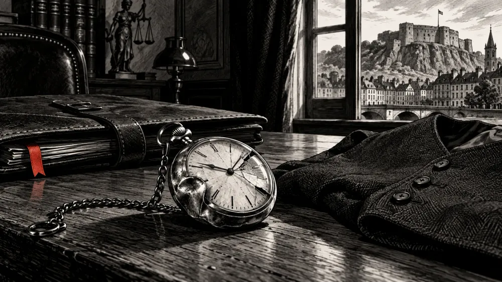 Illustration contemporaine : une montre brisée, une canne et les affaires du magistrat