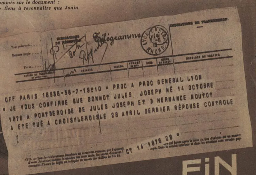 Le télégramme porte le 28 avril pour la mort de Bonnot.