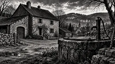 Dessin de polar en noir et blanc : ferme et citerne dans un village de Franche-Comté