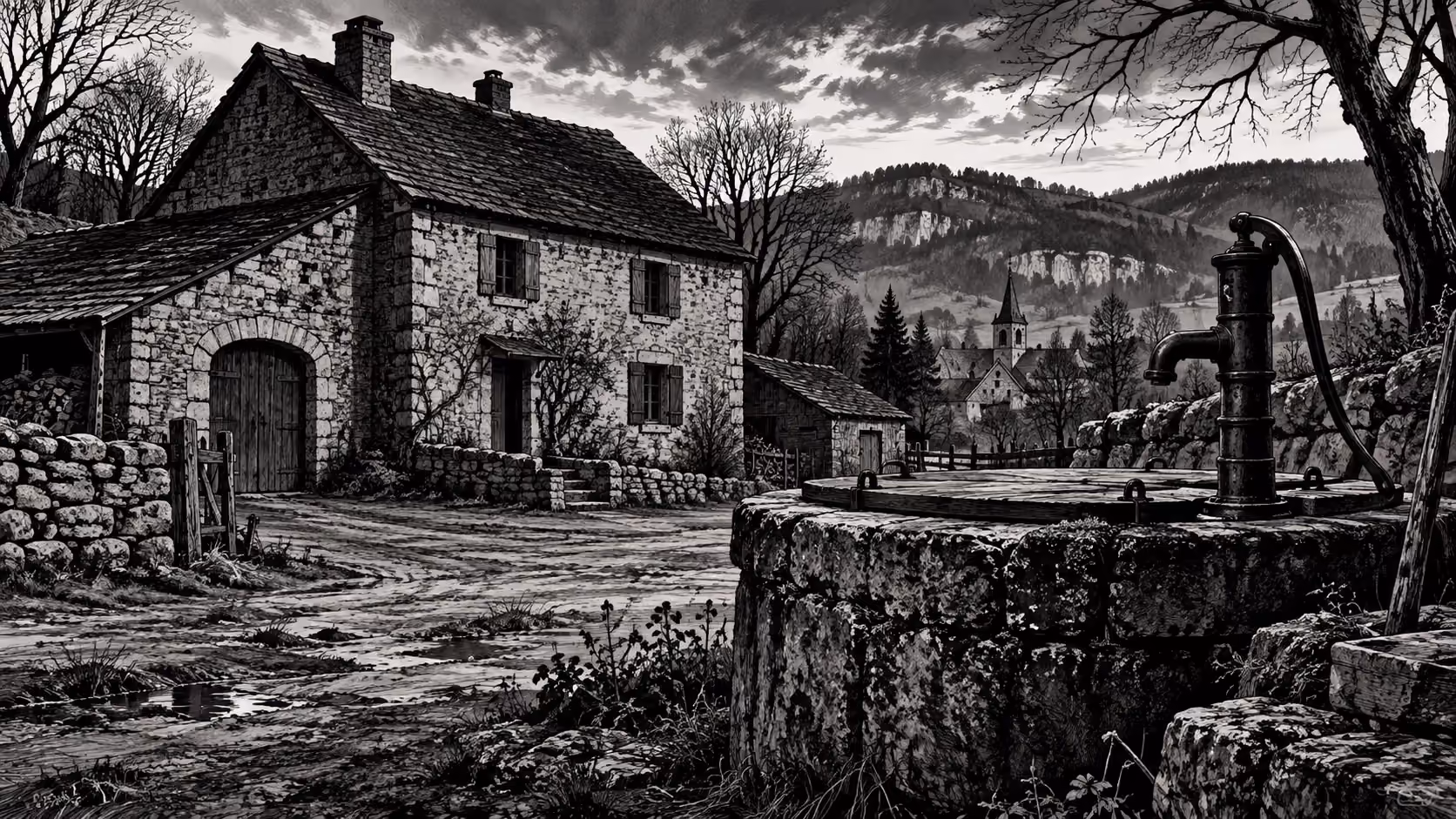Dessin de polar en noir et blanc : ferme et citerne dans un village de Franche-Comté