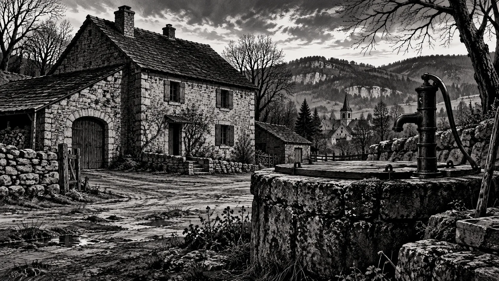 Dessin de polar en noir et blanc : ferme et citerne dans un village de Franche-Comté